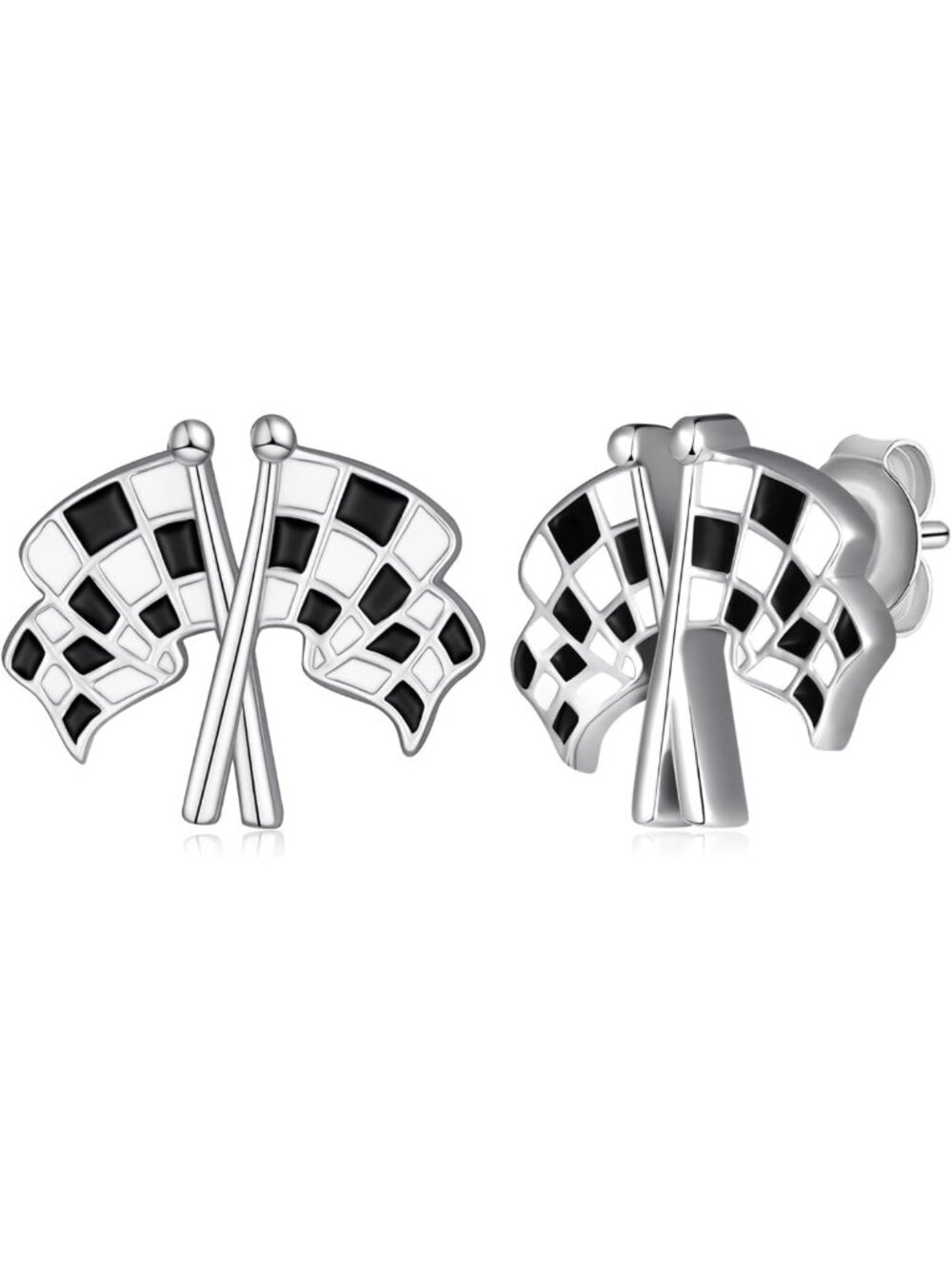 Checkerboard Racing Flag Earrings - 925 Sterling Silver Studs for Race Fans